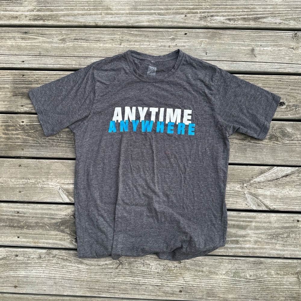 WWE Anytime Anywhere Graphic Tee Shirt Gray Blue Mens Large L Pro Wrestling‎